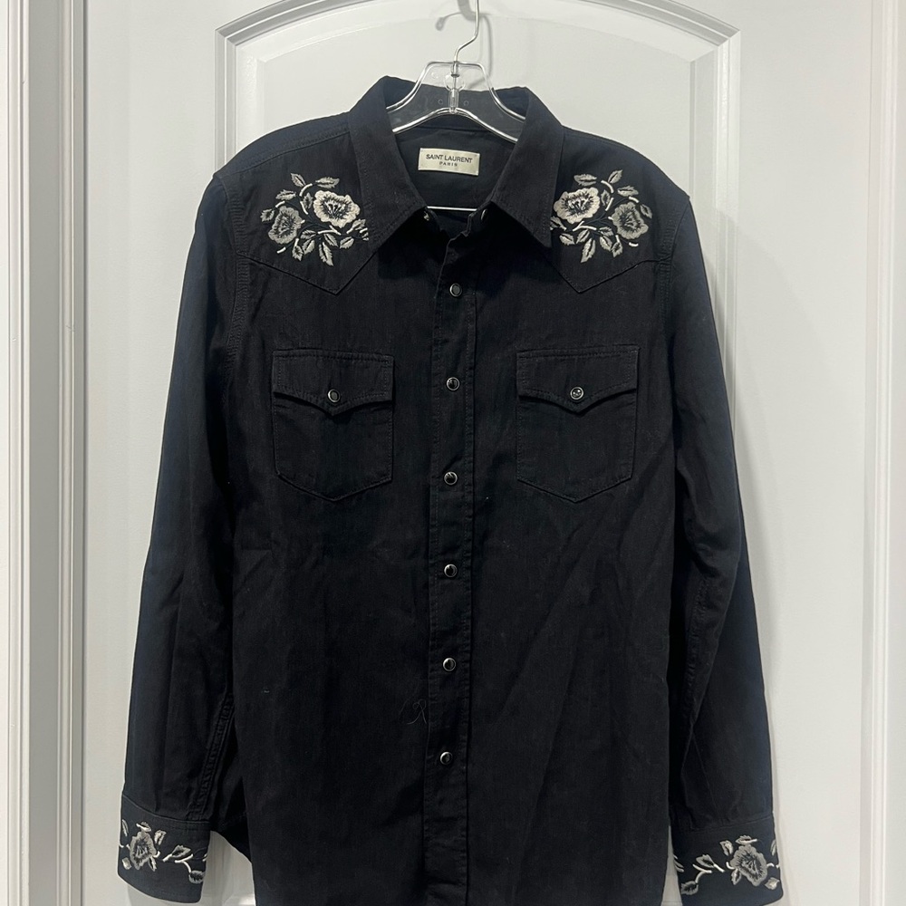 Saint Laurent Black Shirt with White Floral Embroidery